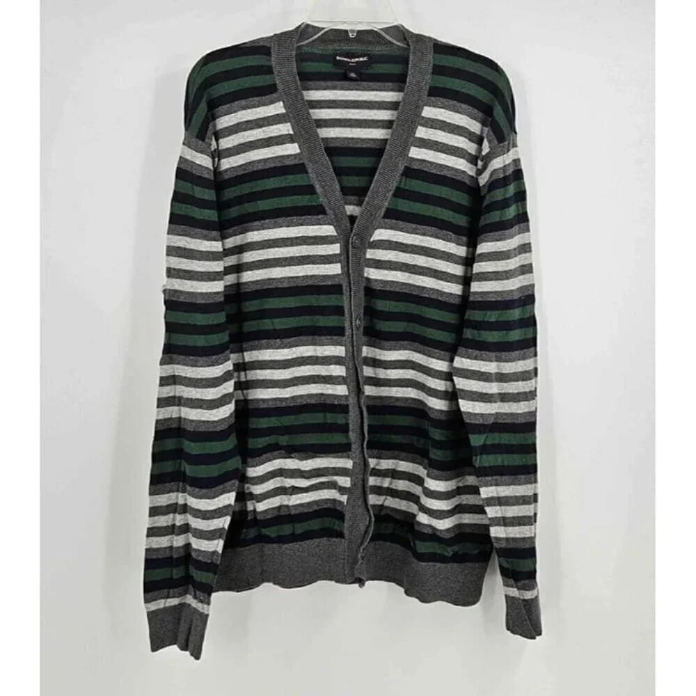 Banana Republic Mens Button Front Long Sleeve Sweater Gray Green Blue Stripe XL